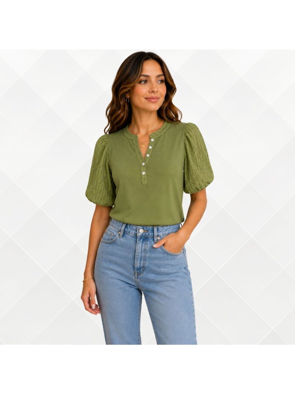 CURE Green Ribbed Top • Puffy Sleeves • Size S • NWT
